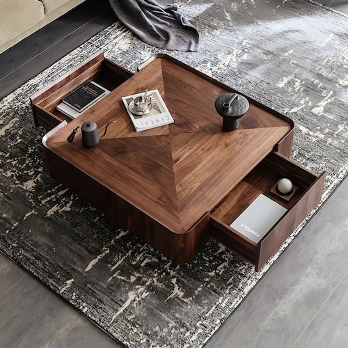Walnut coffee table with storage and concave tabletop in a modern living room setting - sparkledecor.com