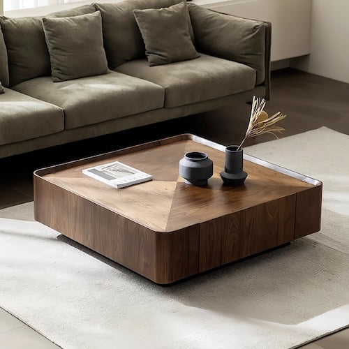 Walnut coffee table with storage and concave tabletop in a modern living room setting - sparkledecor.com