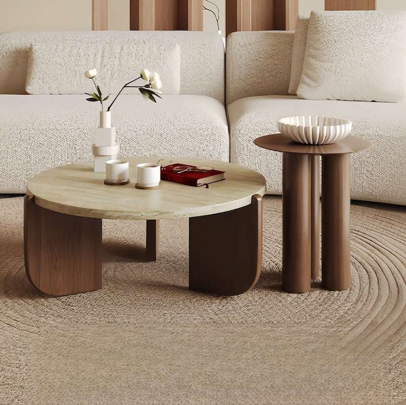 Solid Wood Natural Travertine Coffee Table with travertine stone top and rubber wood legs in a modern living room setting - sparkledecor.com
