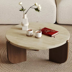 Solid wood natural travertine coffee table with marble top and rubber wood legs - sparkledecor.com