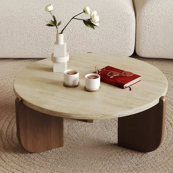 Solid wood natural travertine coffee table with marble top and rubber wood legs - sparkledecor.com