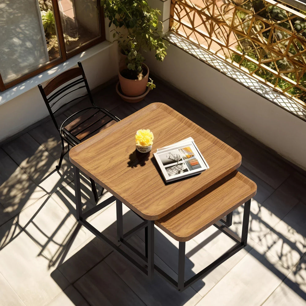 Modern Square Coffee Table with metal base and walnut wood finish, set of two in a contemporary living room setting.