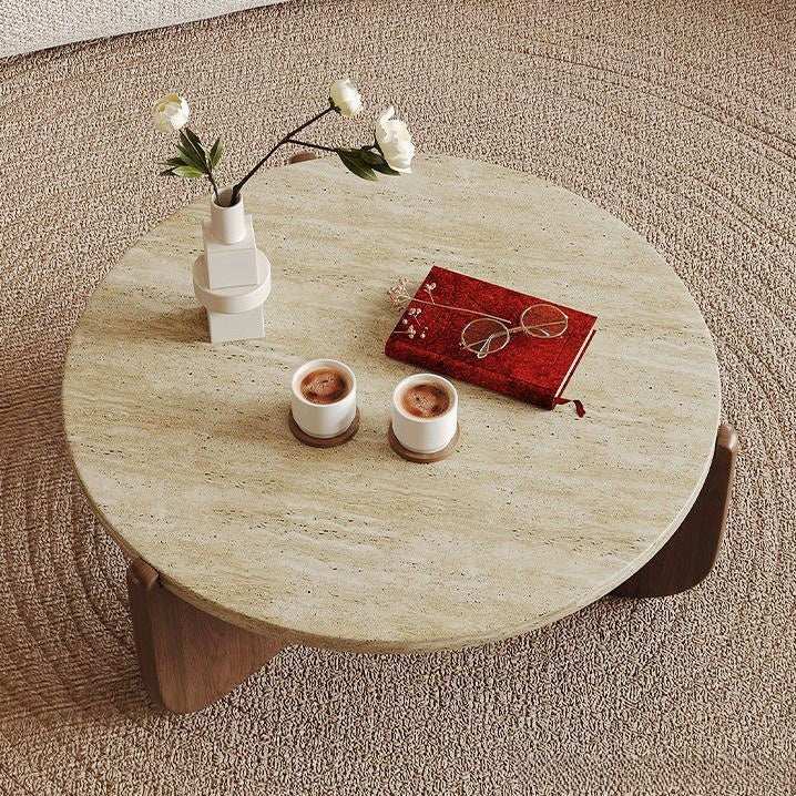 Solid Wood Natural Travertine Coffee Table with travertine stone top and rubber wood legs in a modern living room setting - sparkledecor.com