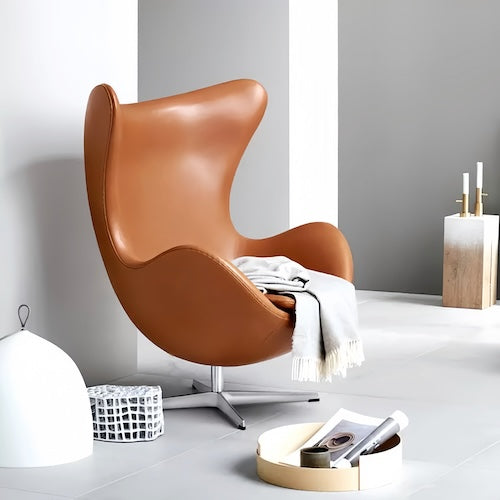 Egg Chair Replica with stool in brown leather and sleek metal base, modern interior design - sparkledecor.com